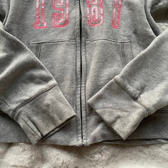 🔥Aeropostale Y2K Faux Fur Hood Sequins Spell Out Full Zip Gray Sweatshirt Sz XL - Picture 10 of 16